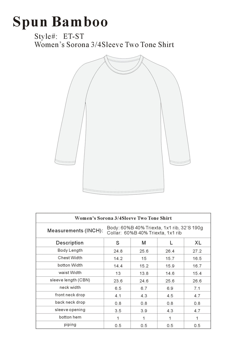 Clearance Women's Bamboo Viscose/Sorona 3/4 Sleeve T-Shirt